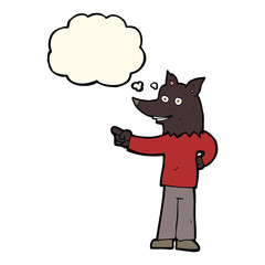 cartoon wolf man pointing with thought bubble