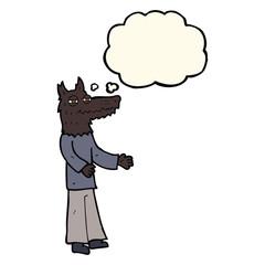 cartoon wolf man with thought bubble