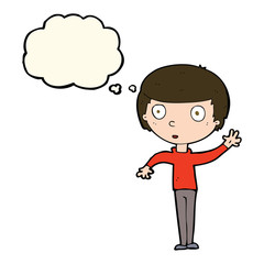 cartoon waving boy with thought bubble