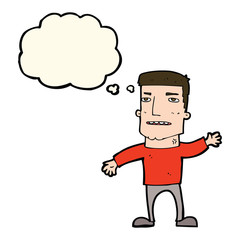 cartoon waving stressed man with thought bubble