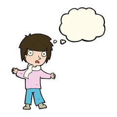 cartoon unhappy boy with thought bubble