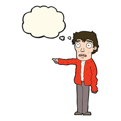 cartoon terrified man pointing with thought bubble