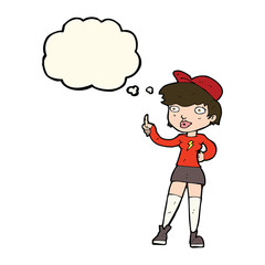 cartoon skater girl giving thumbs up symbol with thought bubble