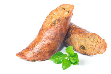 smoked sausage against on white background, Local cuisine of northern Thailand
