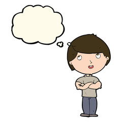 cartoon happy man with folded arm with thought bubble