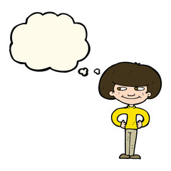 cartoon boy with hands on hips with thought bubble