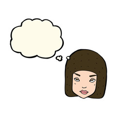 cartoon annoyed female face with thought bubble