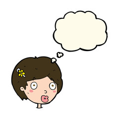 cartoon surprised female face with thought bubble