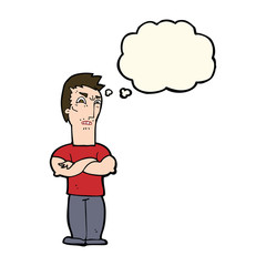 cartoon annoyed man with folded arms with thought bubble