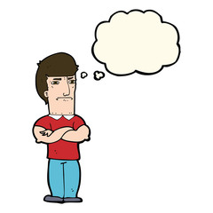 cartoon annoyed man with folded arms with thought bubble