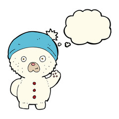 cartoon waving polar teddy bear in winter hat with thought bubbl