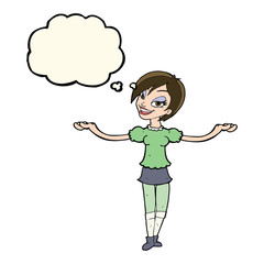 cartoon woman making open arm gesture with thought bubble
