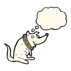 cartoon happy dog in big collar with thought bubble