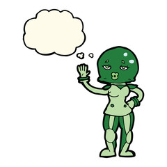 cartoon female astronaut with thought bubble