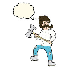 cartoon man with axe with thought bubble