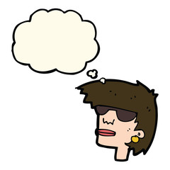 cartoon female face with glasses with thought bubble