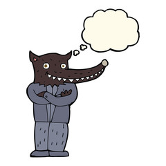 cartoon wolf man with thought bubble