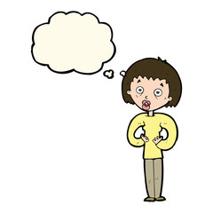cartoon woman gesturing at self with thought bubble