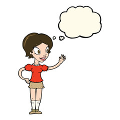 cartoon waving woman with thought bubble
