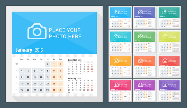 Desk Calendar for 2016 Year. Week Starts Monday. 3 Months on Page. Set of 12 Months. Vector Design Print Template with Place for Photo