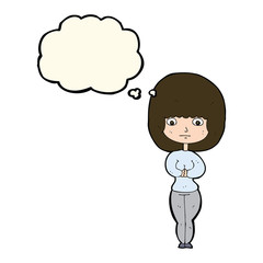 cartoon shy woman with thought bubble