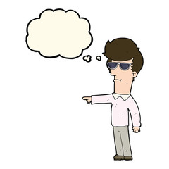 cartoon man in glasses pointing with thought bubble