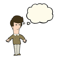 cartoon suspicious man with thought bubble