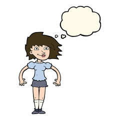 cartoon happy woman with thought bubble