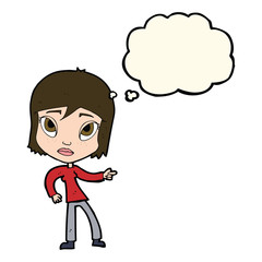 cartoon pointing woman with thought bubble