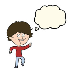 cartoon happy pointing man with thought bubble