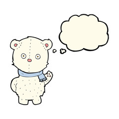 cartoon waving polar bear cub with thought bubble