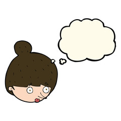 cartoon surprised woman's face with thought bubble
