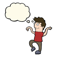 cartoon happy man doing funny dance with thought bubble