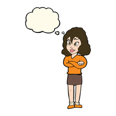cartoon woman with crossed arms with thought bubble