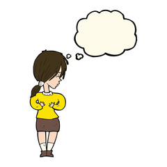 cartoon shy woman with thought bubble