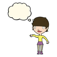 cartoon happy woman  with thought bubble