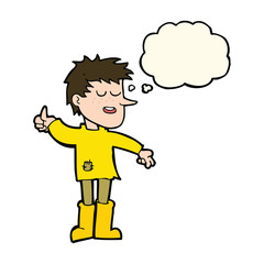 cartoon poor boy with positive attitude with thought bubble