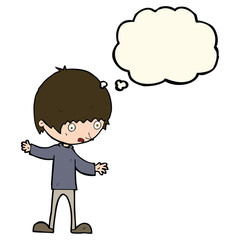 cartoon boy with outstretched arms with thought bubble