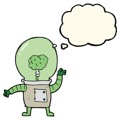 cartoon robot cyborg with thought bubble