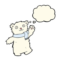cartoon teddy bear wearing scarf with thought bubble