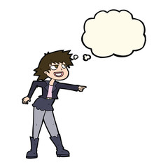 cartoon woman pointing with thought bubble