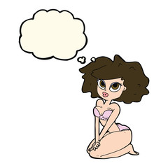 cartoon woman wearing bikini with thought bubble