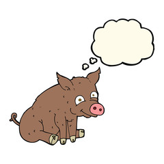 cartoon happy pig with thought bubble