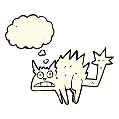 cartoon frightened cat with thought bubble