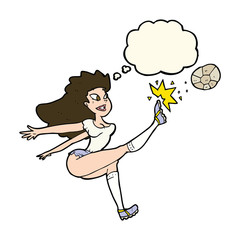 cartoon female soccer player kicking ball with thought bubble