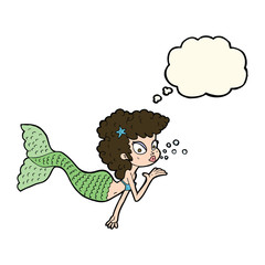 cartoon mermaid blowing kiss with thought bubble