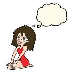 cartoon happy woman in dress with thought bubble