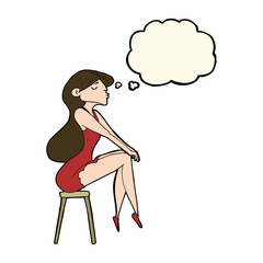 cartoon woman sitting on stool with thought bubble