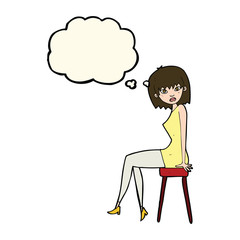 cartoon woman sitting on stool with thought bubble
