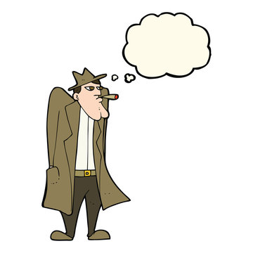 recommend clip art: cartoon man in hat and trench coat with thought bubble